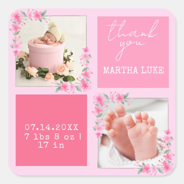Modern Script Custom Newborn Baby Foto Vielen Dank Quadratischer Aufkleber (Vorderseite)