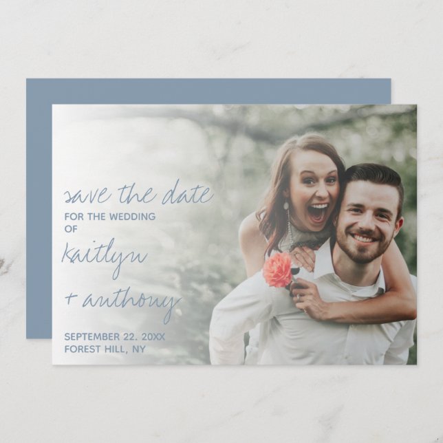 Modern Script Dusty Blue Minimalistic Wedding Save The Date (Vorne/Hinten)
