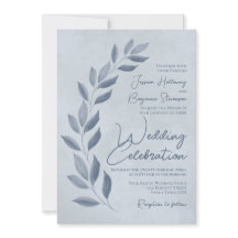 Modern Script Dusty Blue & Pewter Leaves Wedding
