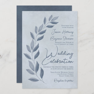 Modern Script Dusty Blue & Pewter Leaves Wedding Einladung