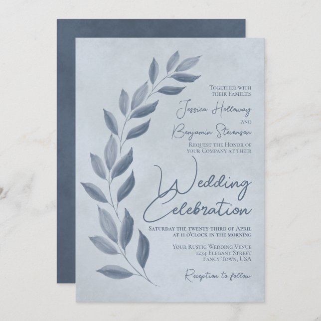 Modern Script Dusty Blue & Pewter Leaves Wedding Einladung (Vorne/Hinten)