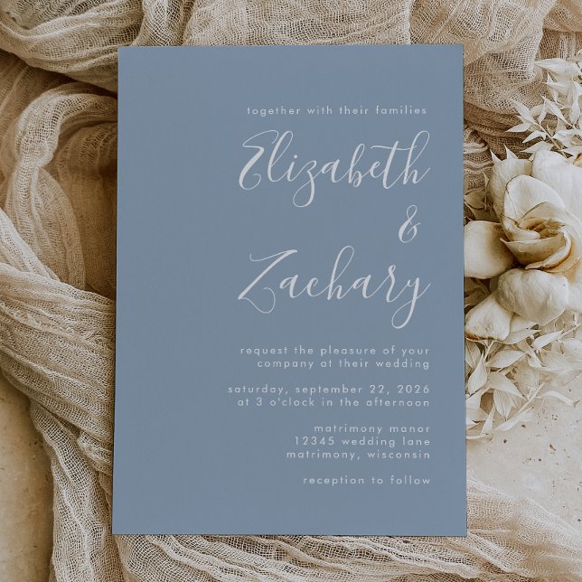 Modern Script Dusty Blue Wedding Einladung (The perfect choice for a dusty blue themed wedding.)