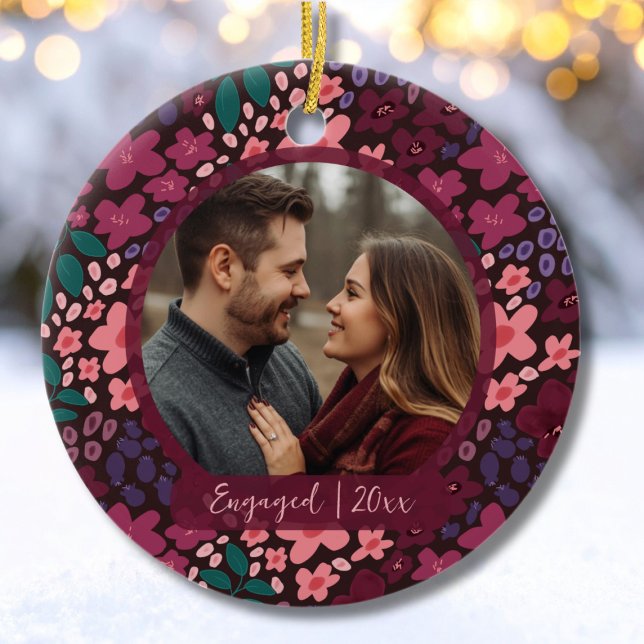 Modern Script Elegant Engagement Photo Keepsake  Keramik Ornament (Engaged Holiday Photo Ornament Keepsake)