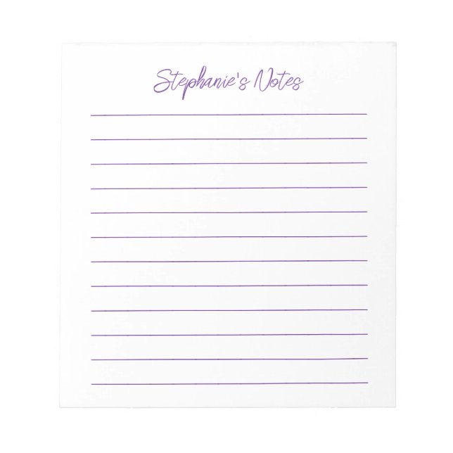 Modern Script Elegant Purple Lined Personalized Notizblock (Vorderseite)