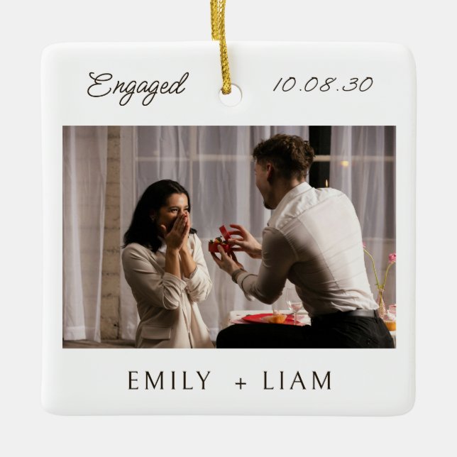 Modern Script Engagement Photo Keepsake  Keramikornament (Vorderseite)