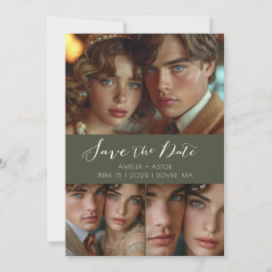 Modern Script Foto Collage Olive Green Save The Date