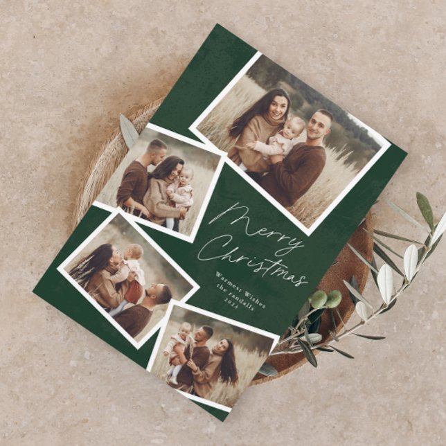 Modern Script Frohe Weihnachts Foto Collage Magnetkarte (Modern Script 4 Photo Collage Christmas Holiday Magnetic Card)