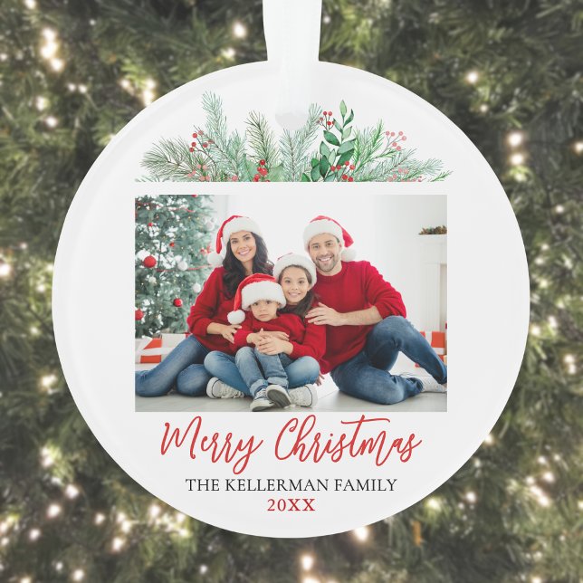 Modern Script Frohe Weihnachts-Foto Ornamente (Modern Script Merry Christmas Family Photo Ornamen Ornament)