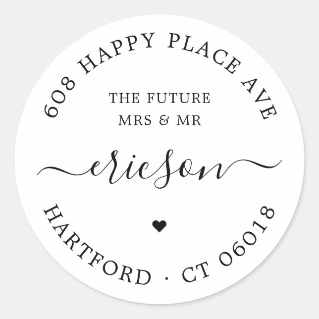 Modern Script Future Mrs. Rücksendeadresse Wedding Runder Aufkleber (Vorderseite)
