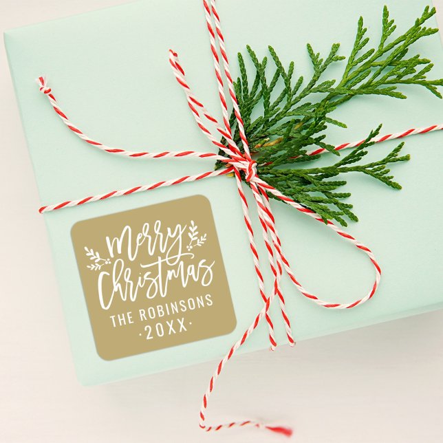 Modern Script Gold Frohe Weihnachten Custom Quadratischer Aufkleber (Von Creator hochgeladen)