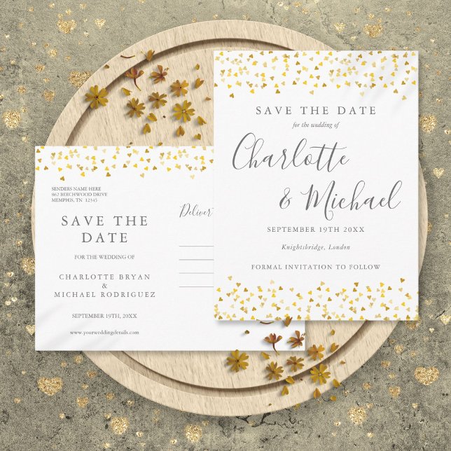 Modern Script Gold Hearts Confetti Save the Date Ankündigungspostkarte (Modern Script Gold Hearts Confetti Save the Date Announcement Postcard)