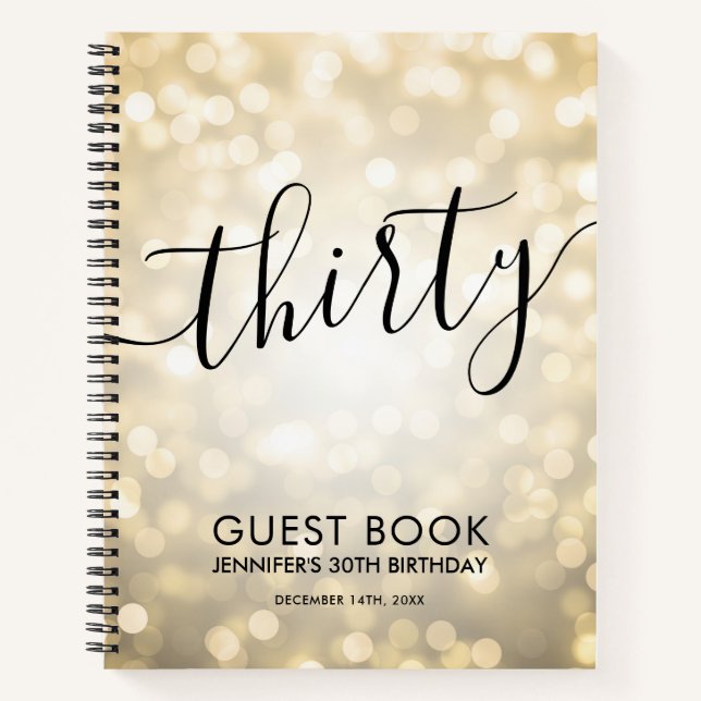 Modern Script Gold Lights 30th Birthday GUEST BOOK Notizbuch (Vorderseite)