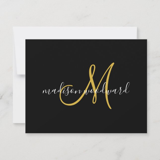 Modern Script Gold Monogram Black Mitteilungskarte (Vorderseite)