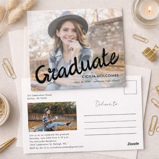 Modern Script Graduate Simple Photo Graduation  Postkarte (Von Creator hochgeladen)
