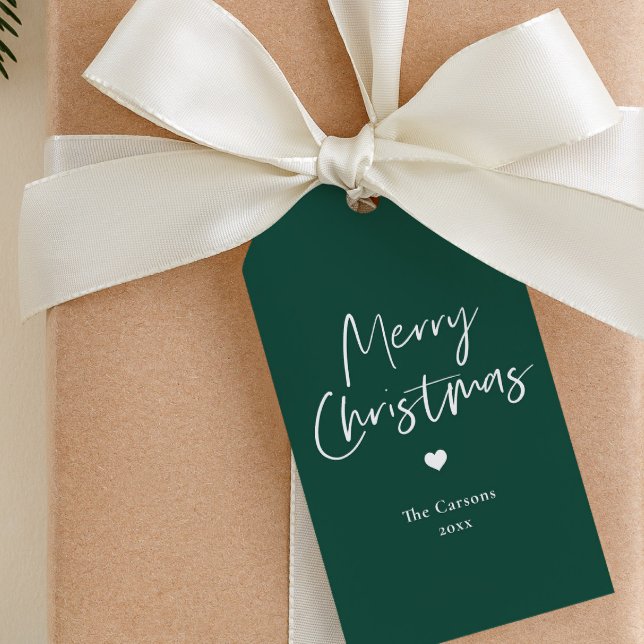 Modern Script Green Christmas Geschenkanhänger (Simple green and white script merry christmas gift tags.)
