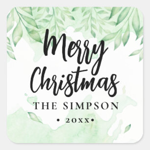 Modern Script Green Frohe Weihnachten Quadratischer Aufkleber