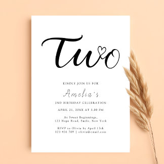 Modern Script Heart Boho Simple 2. Geburtstag Einladung