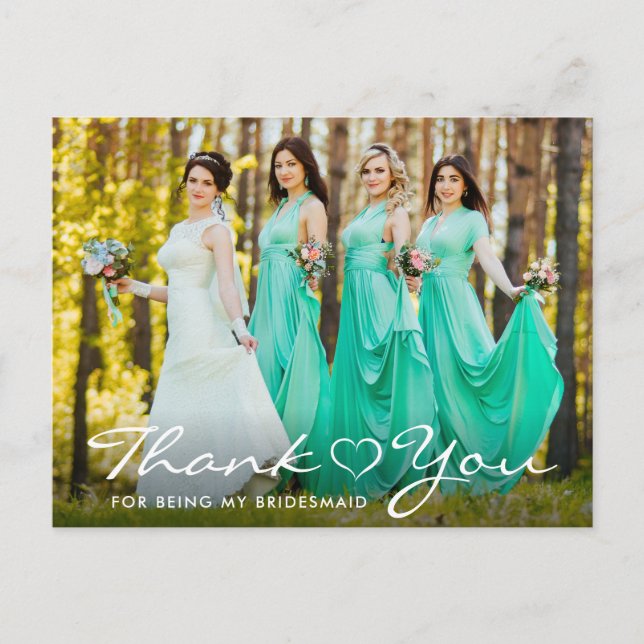 Modern Script Heart Bridesmaid Foto Vielen Dank Postkarte (Vorderseite)