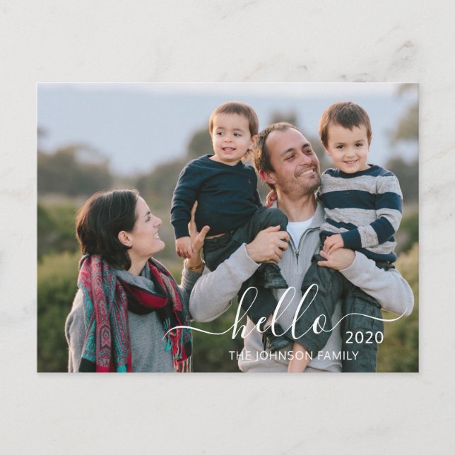 Modern Script Hello Happy New Year Foto Postkarte (Vorderseite)