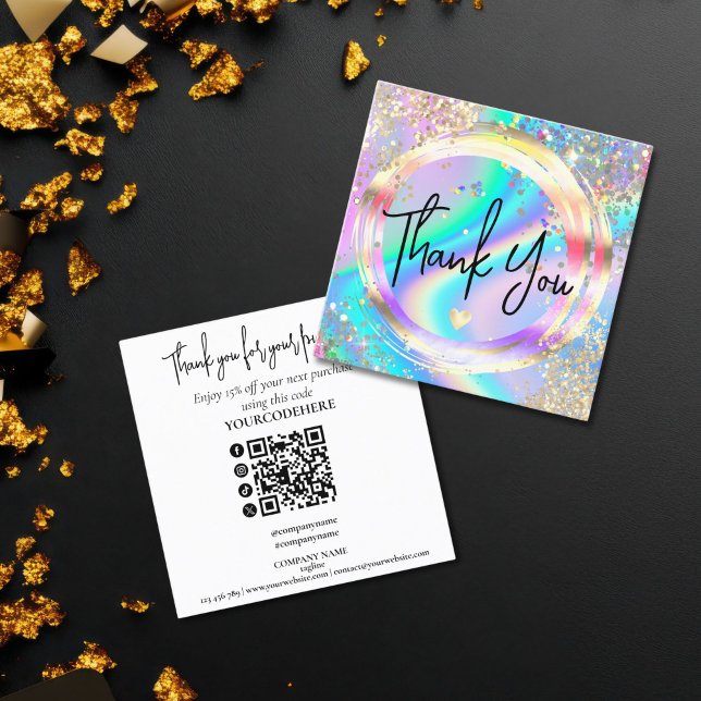 modern script holographic thank you for your order quadratische visitenkarte (holographic glitter thank you for your business card)