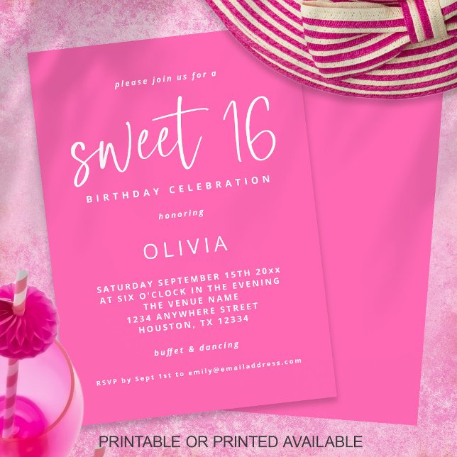 Modern Script Hot Pink Sweet 16 Birthday Party Einladung (Von Creator hochgeladen)