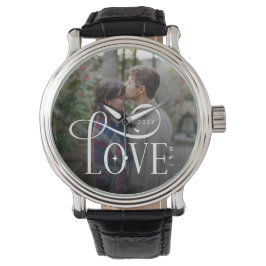 Modern Script Love Custom Engaged Couples Photo Armbanduhr