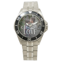 Modern Script Love Custom Engaged Couples Photo Armbanduhr