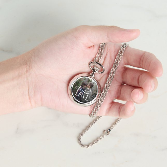 Modern Script Love Custom Engaged Couples Photo Armbanduhr (Hand)