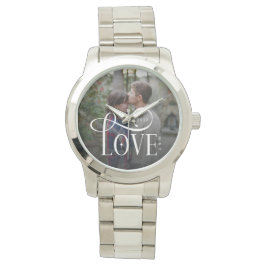Modern Script Love Custom Engaged Couples Photo Armbanduhr
