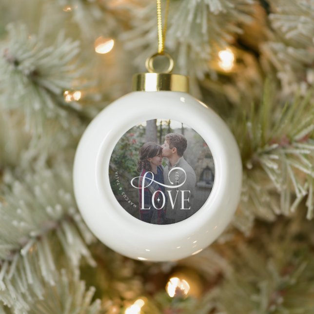 Modern Script Love Custom Engaged Couples Photo Keramik Kugel-Ornament (Baum)