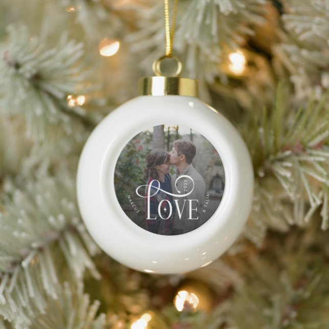 Modern Script Love Custom Engaged Couples Photo Keramik Kugel-Ornament (Baum)