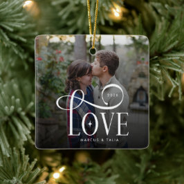 Modern Script Love Custom Engaged Couples Photo Keramikornament