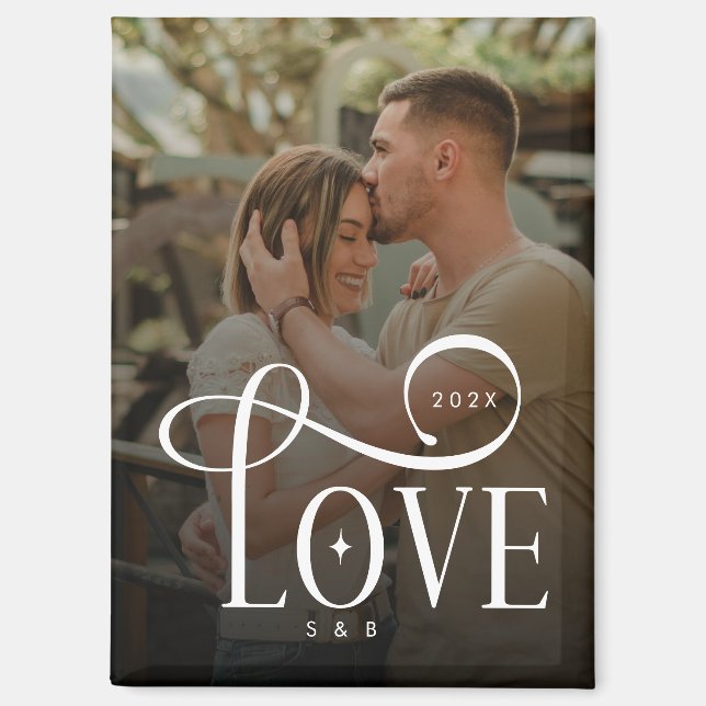 Modern Script Love Custom Engaged Couples Photo Magnet (Vorderseite)