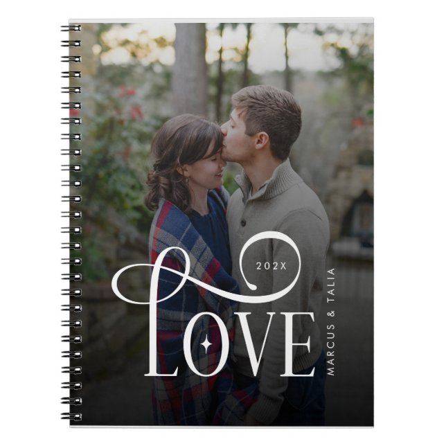 Modern Script Love Custom Engaged Couples Photo Notizblock (Vorderseite)