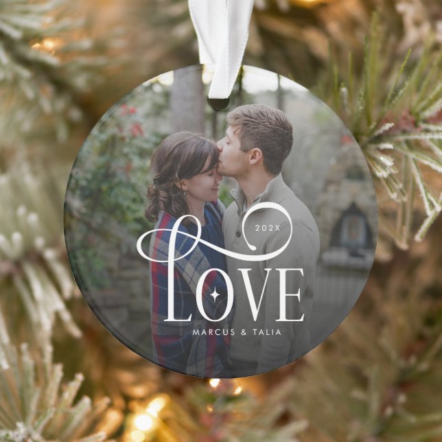 Modern Script Love Custom Engaged Couples Photo Ornament (Baum)