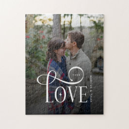 Modern Script Love Custom Engaged Couples Photo Puzzle