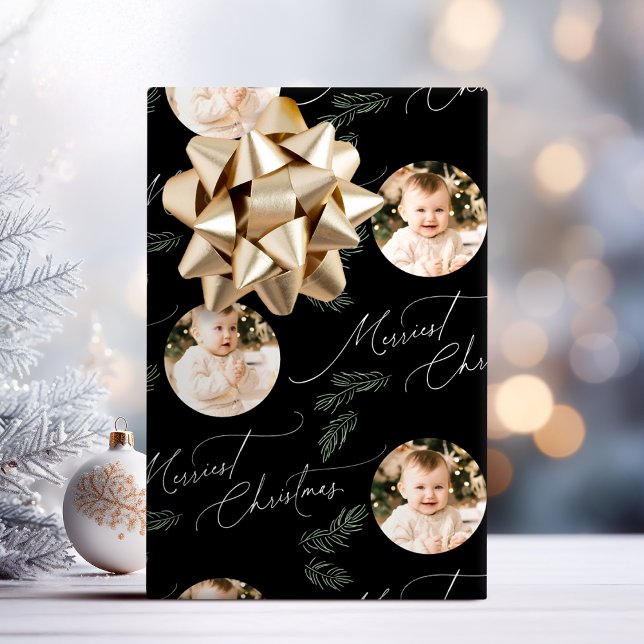 Modern Script Merriest Christmas Family 2 photo Geschenkpapier (Modern Script Merriest Christmas Family 2 photo Wrapping Paper)