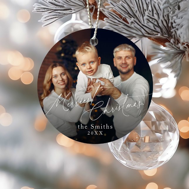 Modern script Merriest Christmas Holiday Ornament Aus Metall (Modern script Merriest Christmas Holiday Metal Ornament)