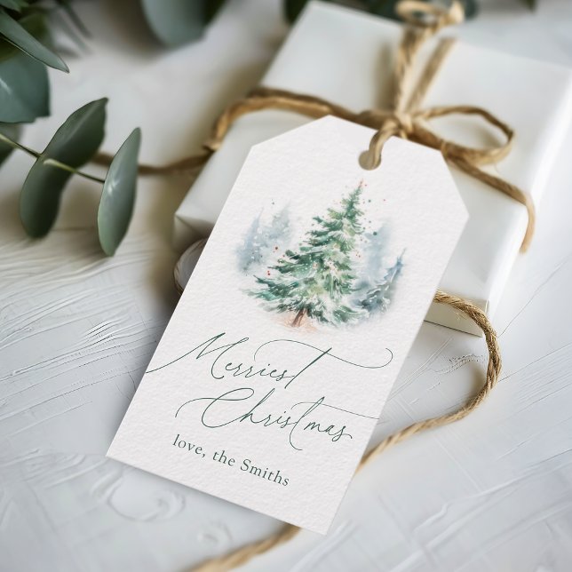 Modern Script Merriest Christmas Pine Tree Geschenkanhänger (Modern Script Merriest Christmas Pine Tree Gift Tags)