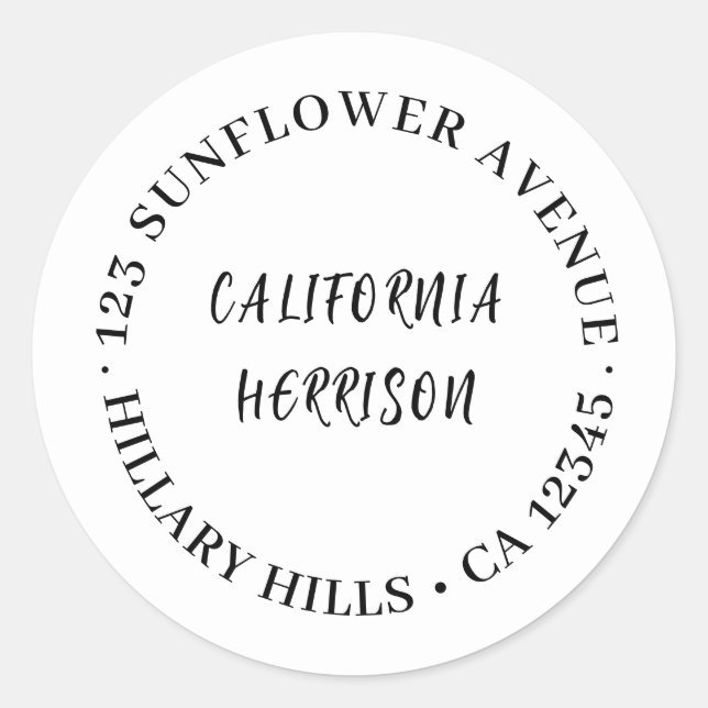 Modern Script Minimalist White Design Runder Aufkleber (Vorderseite)
