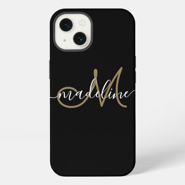 Modern Script Monogram Black Gold iPhone Hülle (Rückseite)