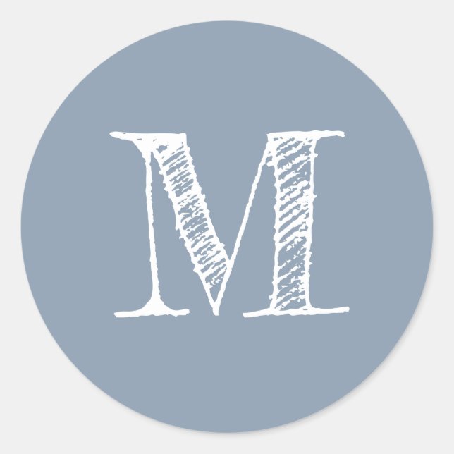 Modern Script Monogram Initial Dusty Blue Runder Aufkleber (Vorderseite)