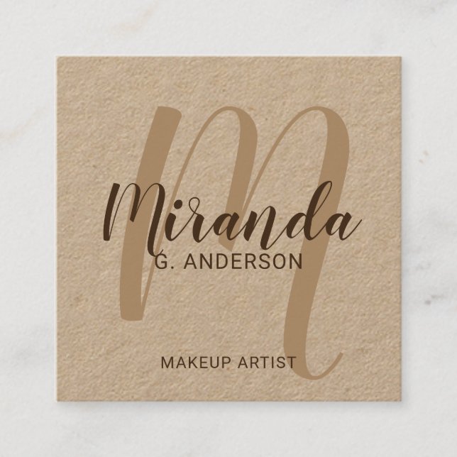 Modern Script Monogram und Name Kraft Paper Quadratische Visitenkarte (Vorderseite)
