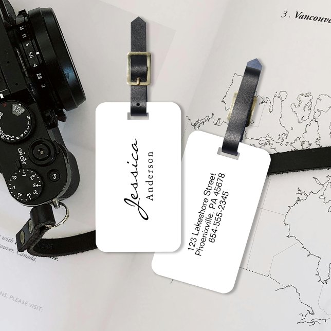 Modern Script Name Address Luggage Tag Gepäckanhänger (Elevate your travel with our elegant luggage tag, personalized with your name and essential details.)