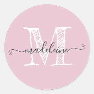 Modern Script Name Monogram Initial Parfait Pink Runder Aufkleber