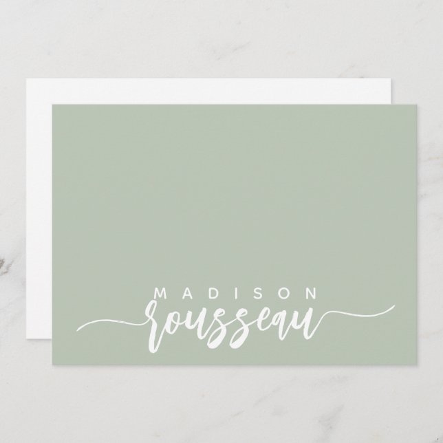Modern Script Name Personalisiert White Sage Green Mitteilungskarte (Vorne/Hinten)