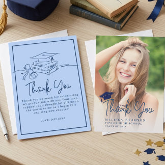 Modern Script Navy Blue Graduation Photo Dankeskarte