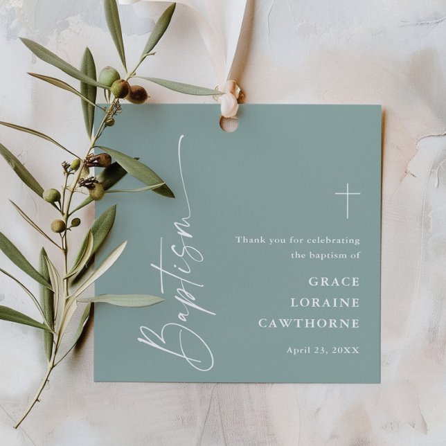 Modern Script Neutral Baptisc Vielen Dank Geschenkanhänger (Modern script sage green boho baptism thank you favor tags.)