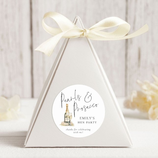 Modern Script Pearls Prosecco Hen Party Dank Runder Aufkleber (Von Creator hochgeladen)