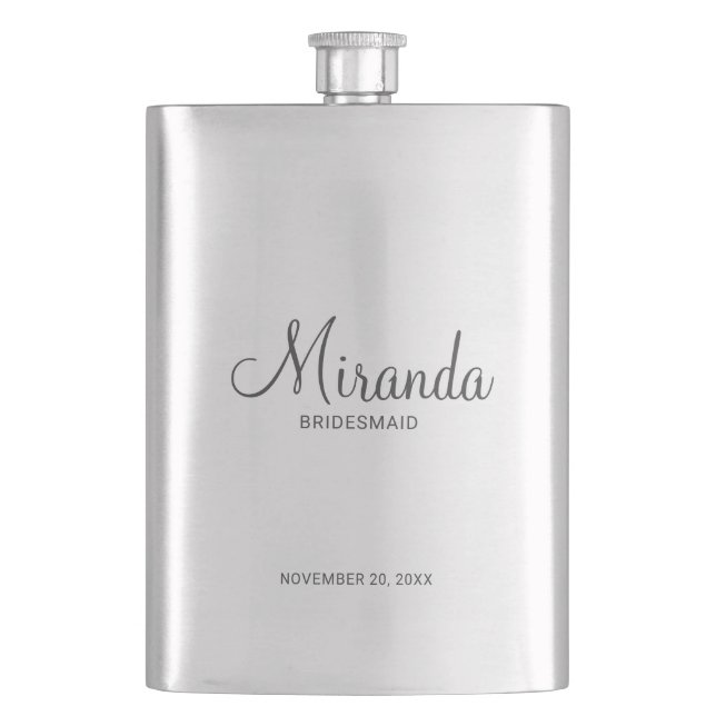 Modern Script Personalisiert Bridesmaid Flachmann (Vorderseite)